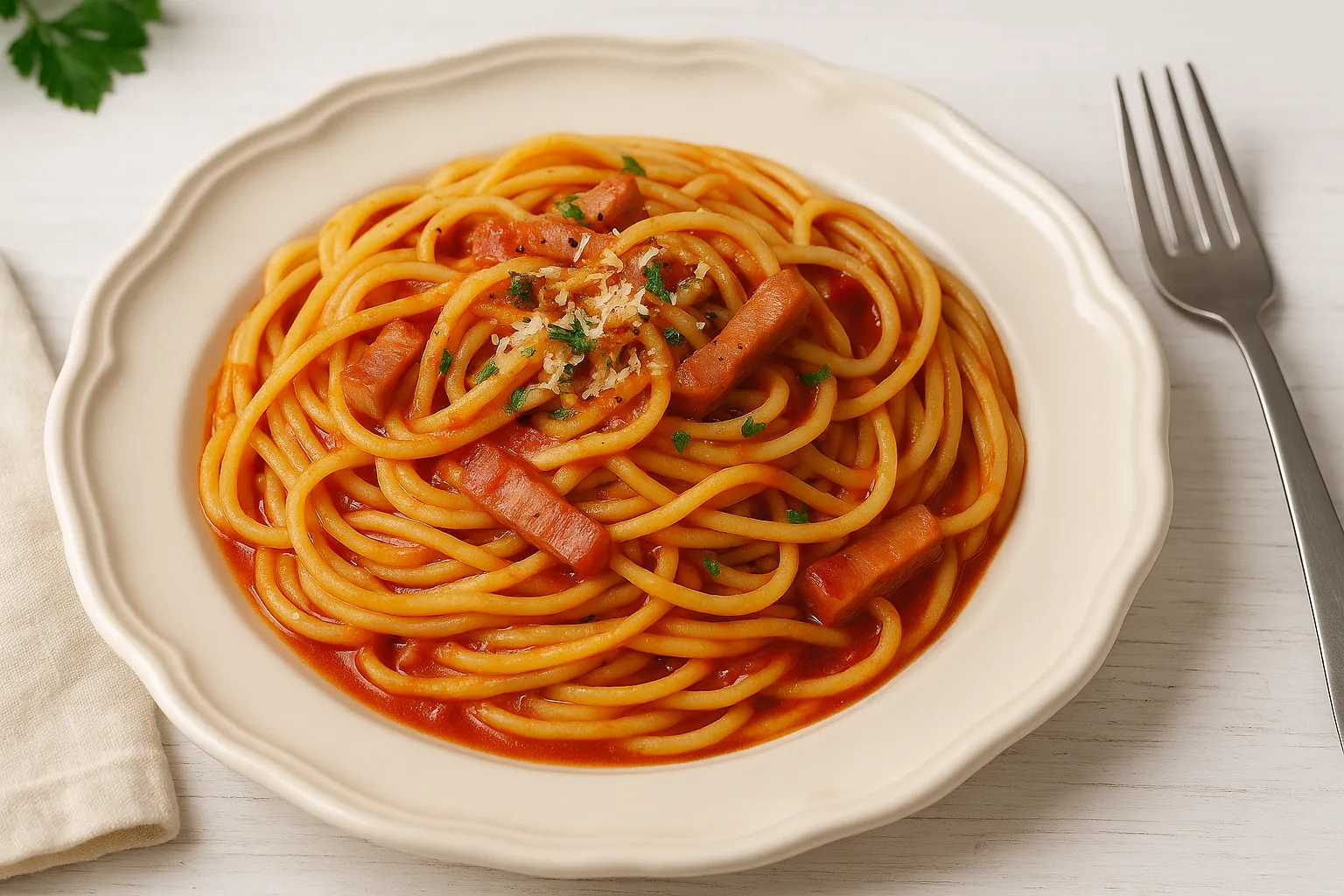 Teller mit Spaghetti auf italienische Art, angerichtet mit Mortadella, Tomatenmark und Käse auf weißem Holzhintergrund