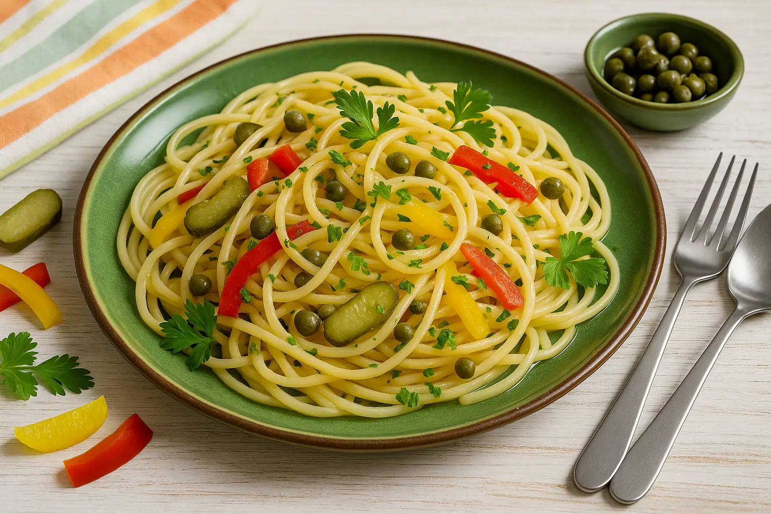 Spaghettisalat auf grünem DDR-Teller mit Gurken, Paprika, Kapern und Petersilie, dekoriert auf hellem Holztisch.