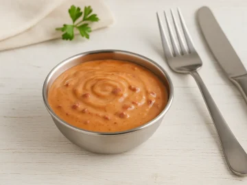 Edelstahl-Dipschale mit Spanischer Creme, cremige Sauce mit Rotwein und Schinken, angerichtet auf hellem Holzhintergrund