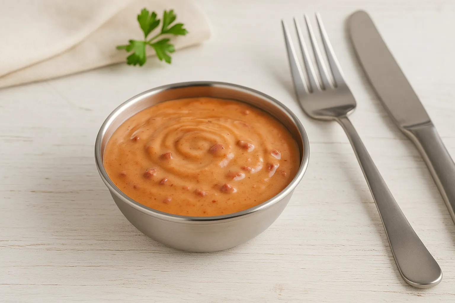 Edelstahl-Dipschale mit Spanischer Creme, cremige Sauce mit Rotwein und Schinken, angerichtet auf hellem Holzhintergrund