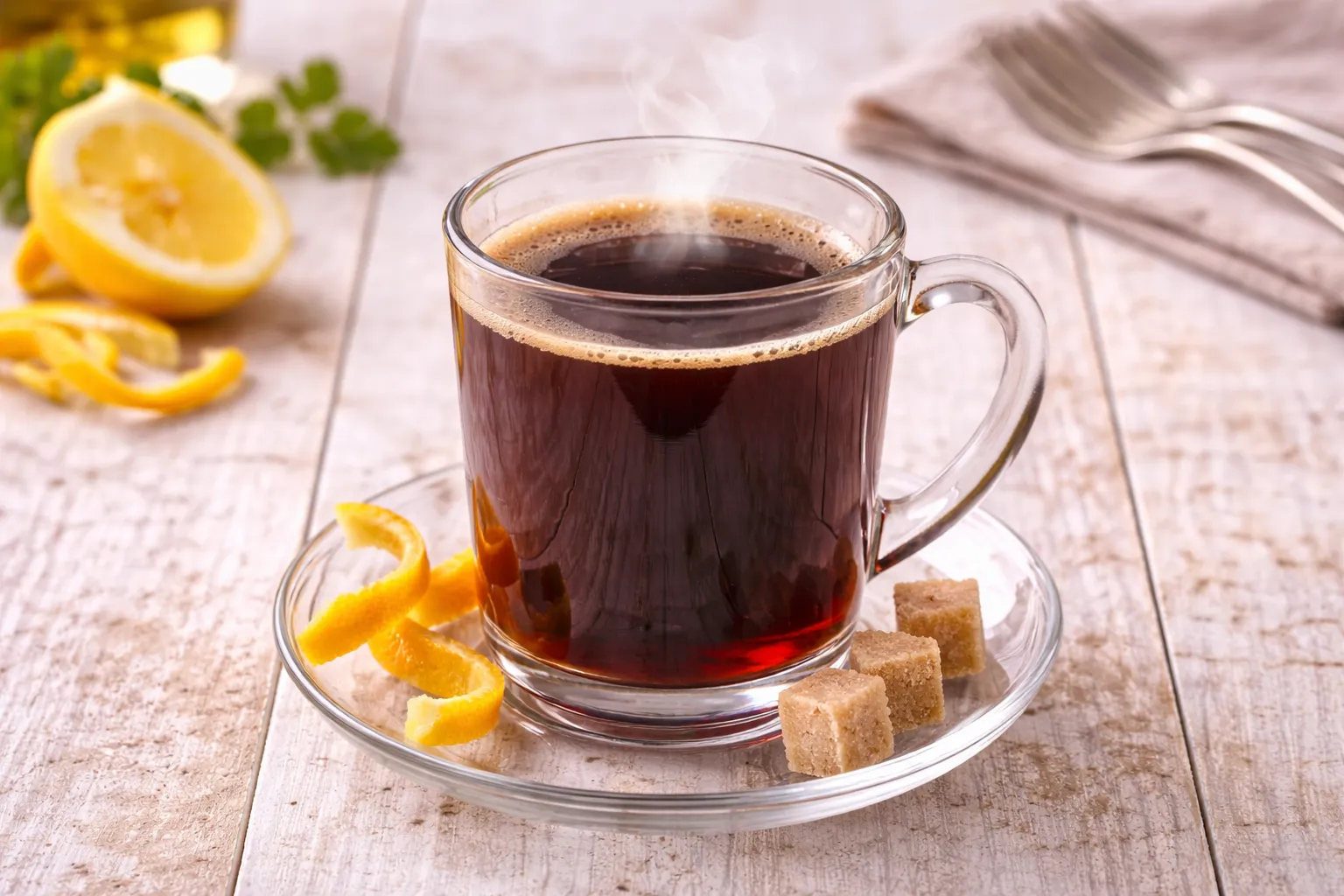 Spanischer Kaffee mit Rotwein und Weinbrand in Glasbecher auf hellem Holztisch