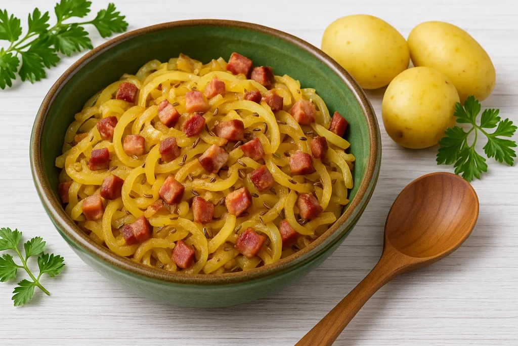  Speck-Zwiebel-Gemüse mit Speckwürfeln und Pellkartoffeln auf grünem DDR-Teller, rustikal dekoriert auf weißem Holztisch.