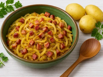 Speck-Zwiebel-Gemüse mit Speckwürfeln und Pellkartoffeln auf grünem DDR-Teller, rustikal dekoriert auf weißem Holztisch.