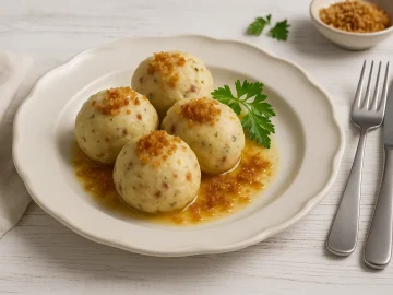 Speckklöße auf weißem Teller mit brauner Butter und gerösteten Semmelbröseln, dekoriert mit Petersilie