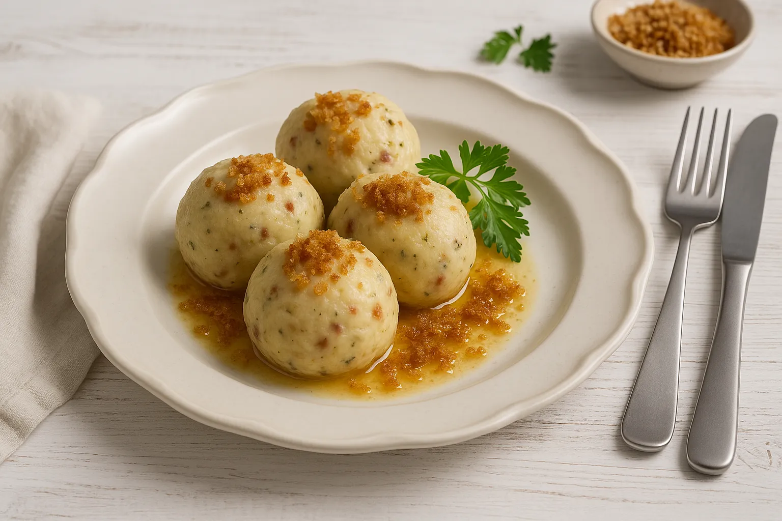 Speckklöße auf weißem Teller mit brauner Butter und gerösteten Semmelbröseln, dekoriert mit Petersilie