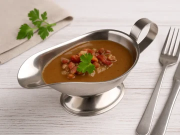 Specksoße in Edelstahlsauciere, serviert mit Speckwürfeln und Zwiebeln