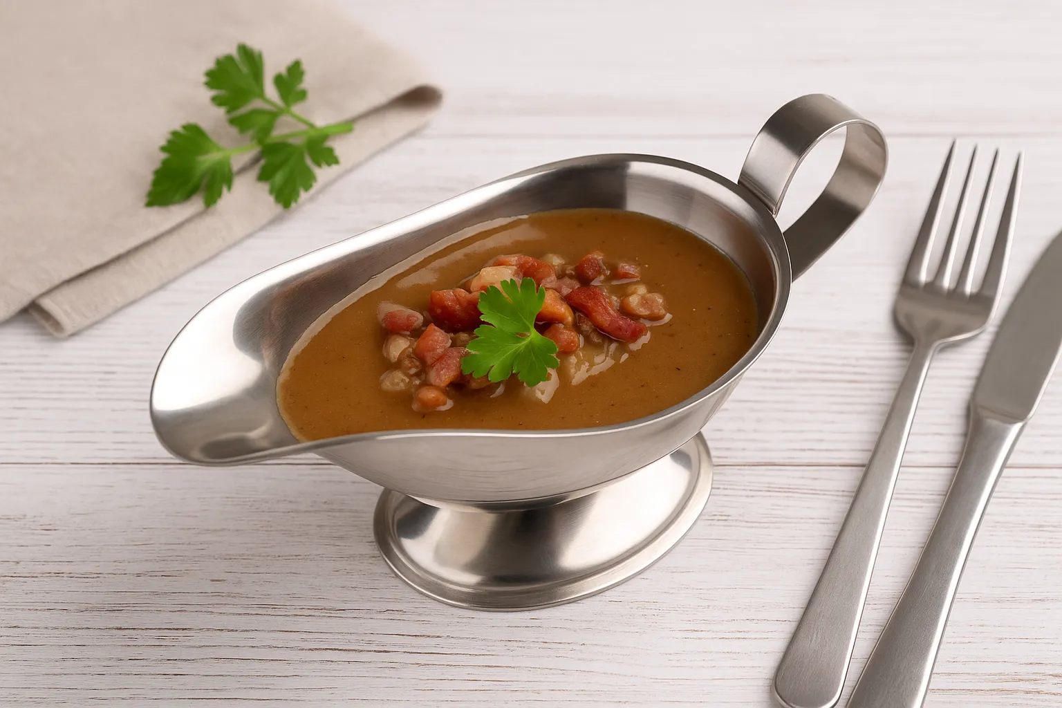 Specksoße in Edelstahlsauciere, serviert mit Speckwürfeln und Zwiebeln