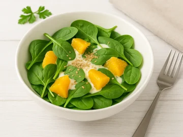Frischer Spinat-Orangen-Salat mit Sahne und Weizenkeimen in einer weißen Schüssel auf hellem Holztisch