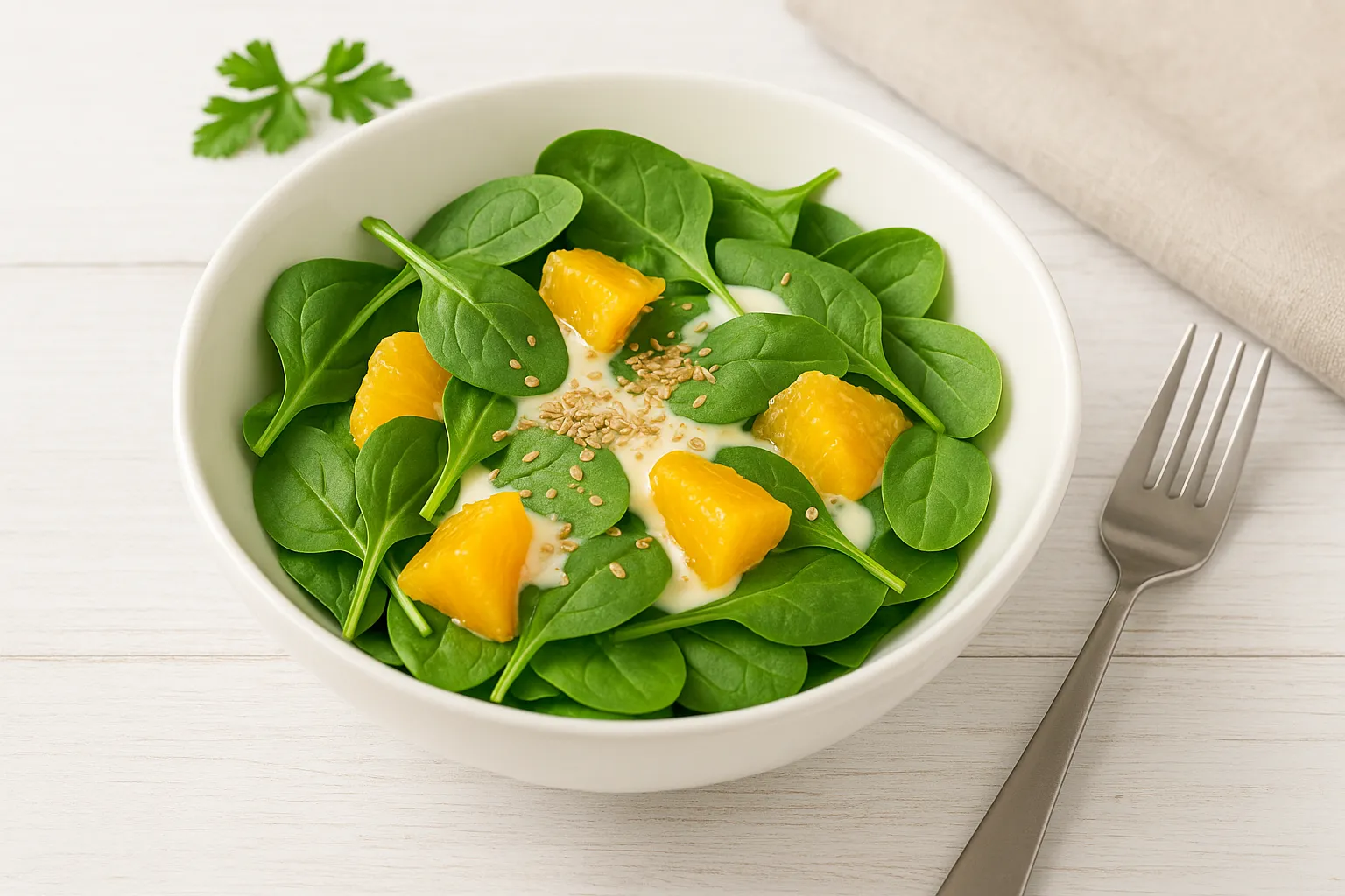 Frischer Spinat-Orangen-Salat mit Sahne und Weizenkeimen in einer weißen Schüssel auf hellem Holztisch