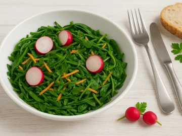 Spinatfrischkost mit frischem Spinat, Radieschen und Möhrenraspeln in einer weißen Schüssel auf Holzuntergrund