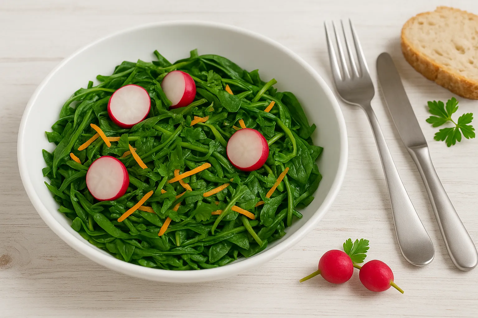 Spinatfrischkost mit frischem Spinat, Radieschen und Möhrenraspeln in einer weißen Schüssel auf Holzuntergrund