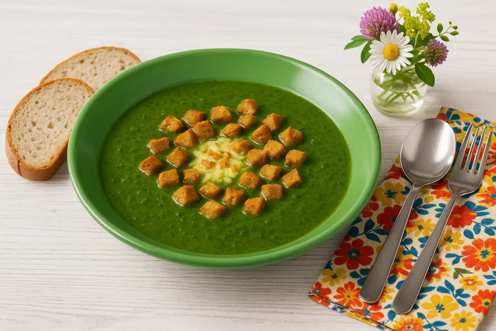  Spinatsuppe mit Käse und Brot, serviert in grünem Teller, moderne Deko und Besteck, weißer Holzhintergrund, frische Blumen.