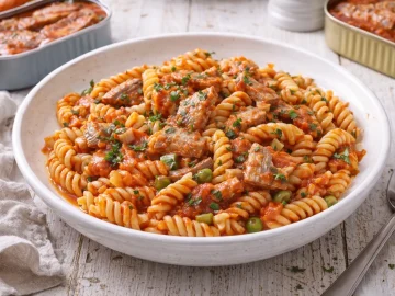 Spirelli mit Heringsfilet in Tomatensoße auf weißem Teller auf weißem Holzhintergrund