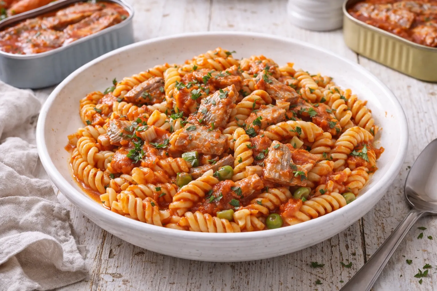 Spirelli mit Heringsfilet in Tomatensoße auf weißem Teller auf weißem Holzhintergrund