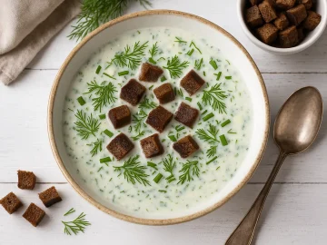 Spreewälder Buttermilchsuppe in Suppenschüssel, serviert mit Kräutern und geröstetem Schwarzbrot