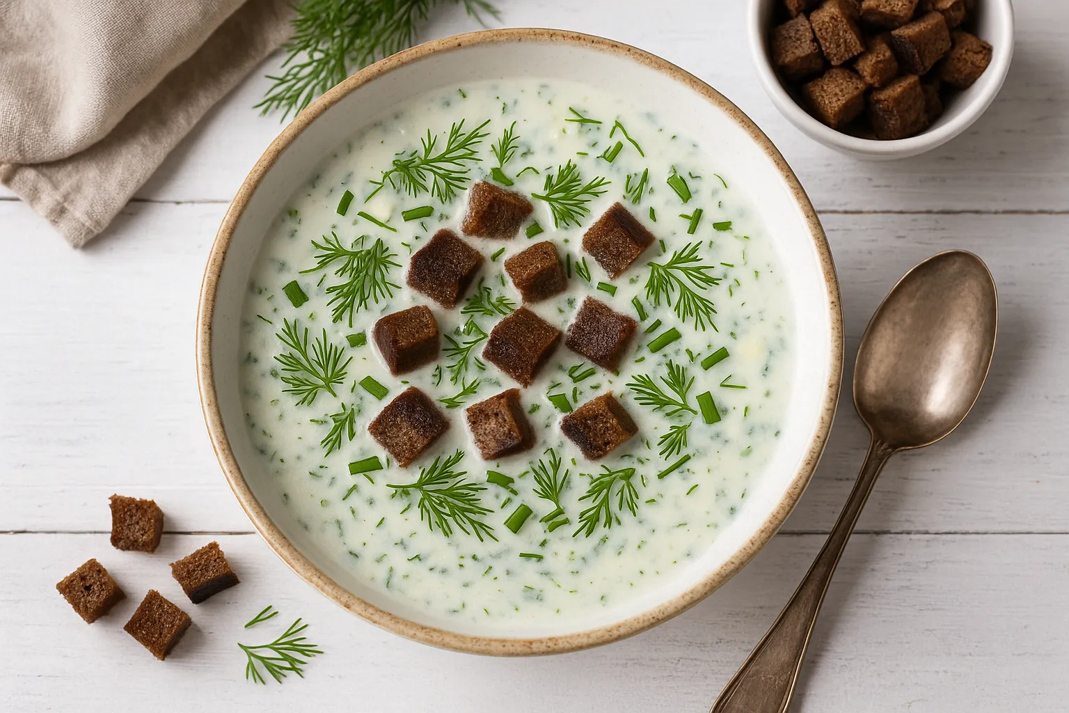 Spreewälder Buttermilchsuppe in Suppenschüssel, serviert mit Kräutern und geröstetem Schwarzbrot