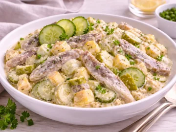 Spreewälder Heringssalat mit Heringsstreifen, Gurken, Äpfeln und Silberzwiebeln in cremiger Meerrettich-Mayonnaise in weißer Schüssel.