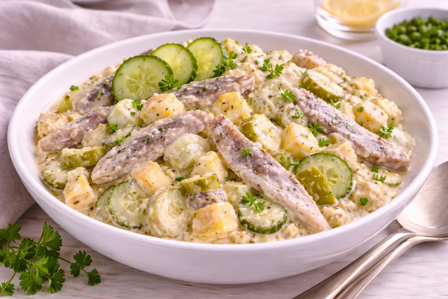 Spreewälder Heringssalat mit Heringsstreifen, Gurken, Äpfeln und Silberzwiebeln in cremiger Meerrettich-Mayonnaise in weißer Schüssel.