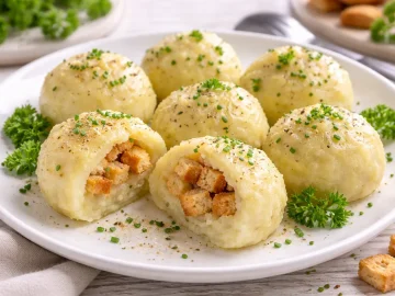 Spreewälder Kartoffelklöße mit gerösteten Brotwürfeln auf einem weißen Teller auf hellem Holztisch