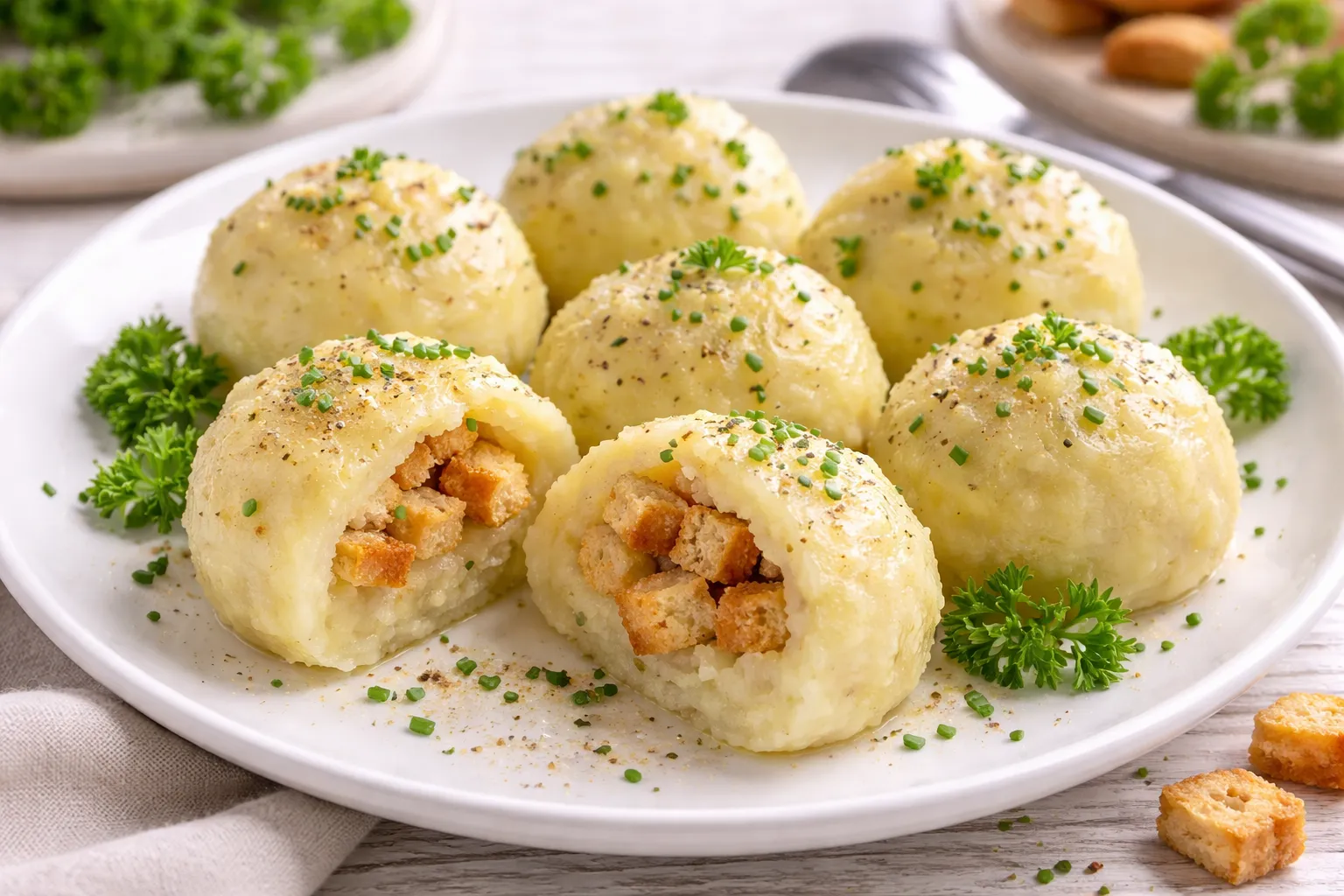 Spreewälder Kartoffelklöße mit gerösteten Brotwürfeln auf einem weißen Teller auf hellem Holztisch