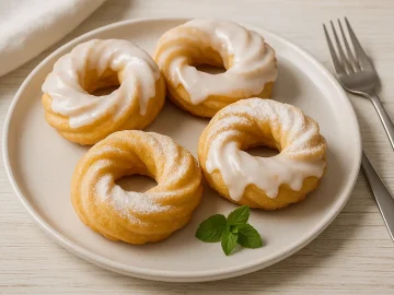 Spritzgebäck aus Brandteig in Ringform, mit Zuckerguss glasiert und auf Teller angerichtet