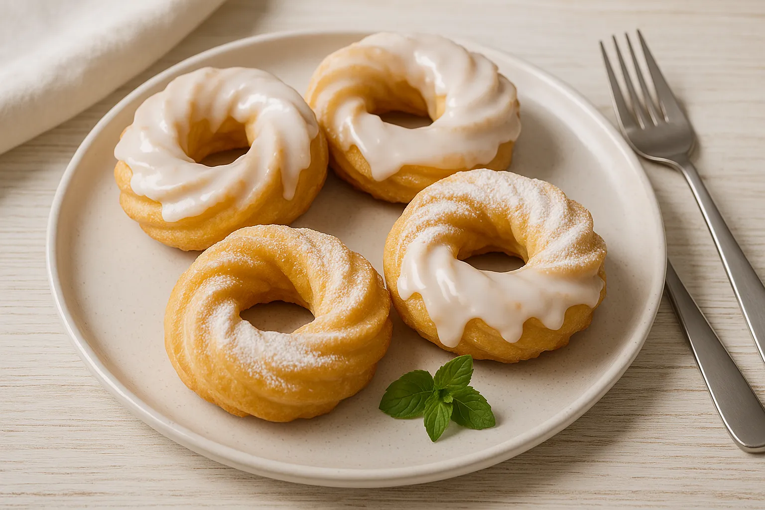 Spritzgebäck aus Brandteig in Ringform, mit Zuckerguss glasiert und auf Teller angerichtet