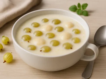 Stachelbeer-Milch-Kaltschale mit Milch, Honig und Vanille in weißer Suppenschüssel serviert