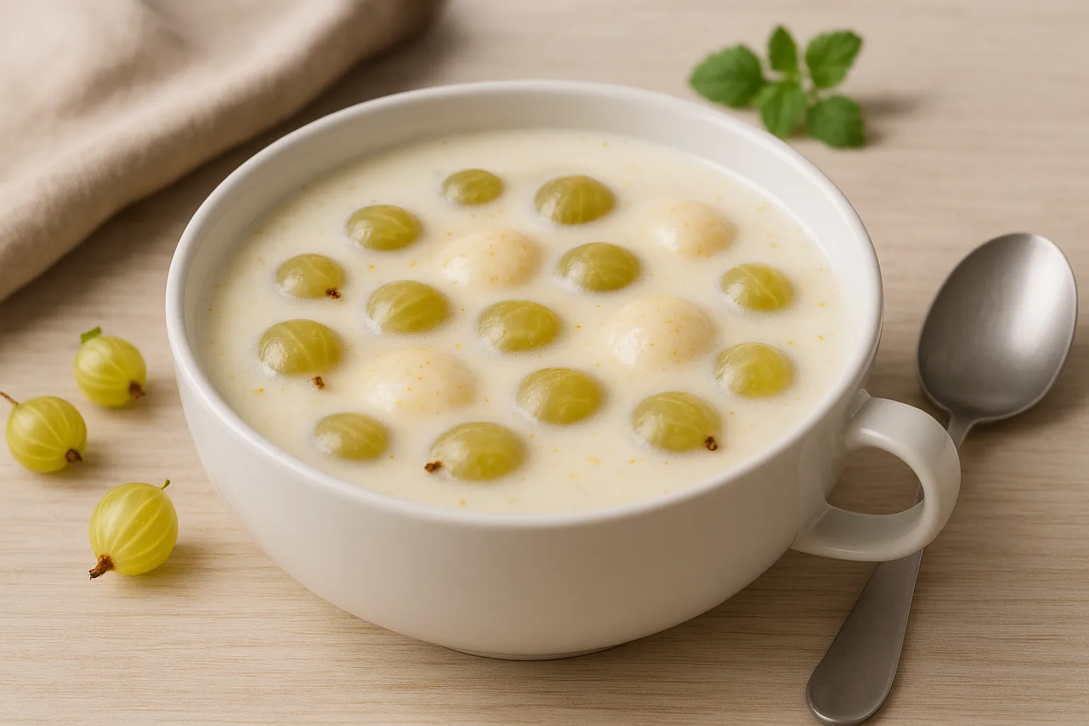 Stachelbeer-Milch-Kaltschale mit Milch, Honig und Vanille in weißer Suppenschüssel serviert