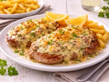 Weißer Teller mit Steak au Four, überbackenem Würzfleisch und goldbraunem Käse auf weißem Holzhintergrund mit sichtbarer Maserung