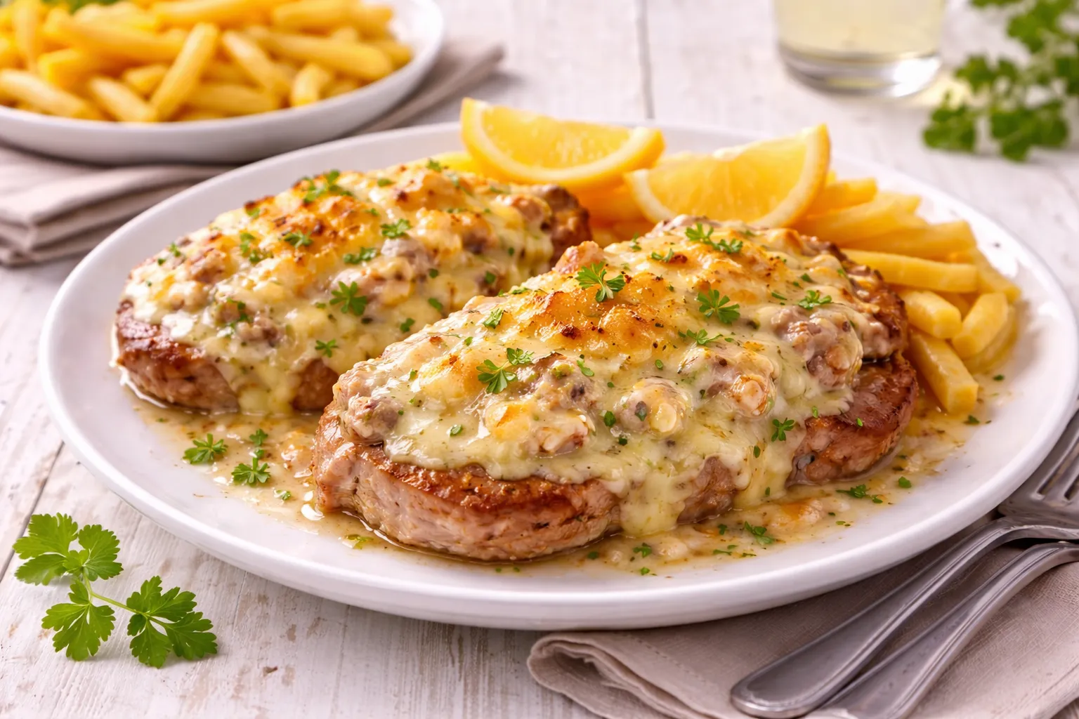 Weißer Teller mit Steak au Four, überbackenem Würzfleisch und goldbraunem Käse auf weißem Holzhintergrund mit sichtbarer Maserung