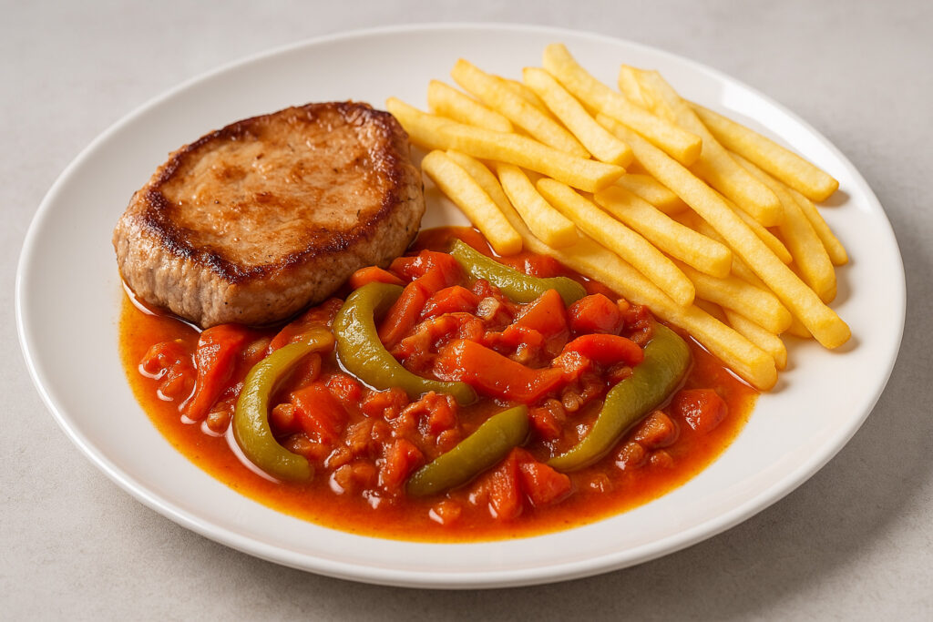 Schweinesteak mit Letscho und Pommes Frites