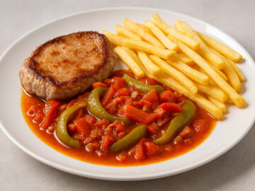 Schweinesteak mit Letscho und Pommes Frites