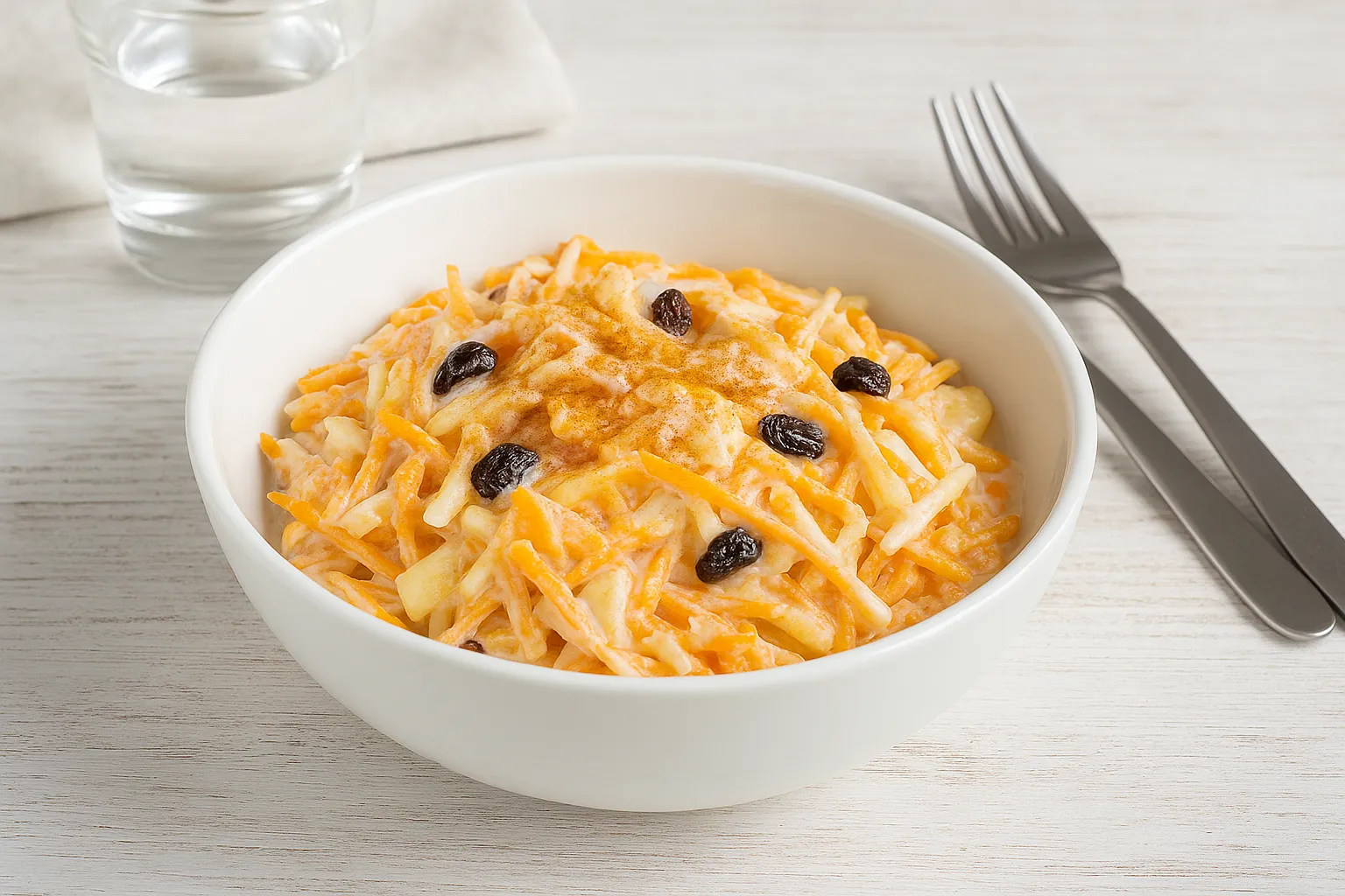 Süße Kürbisrohkost mit Kürbis, Äpfeln, Korinthen und Joghurt in einer weißen Schüssel serviert