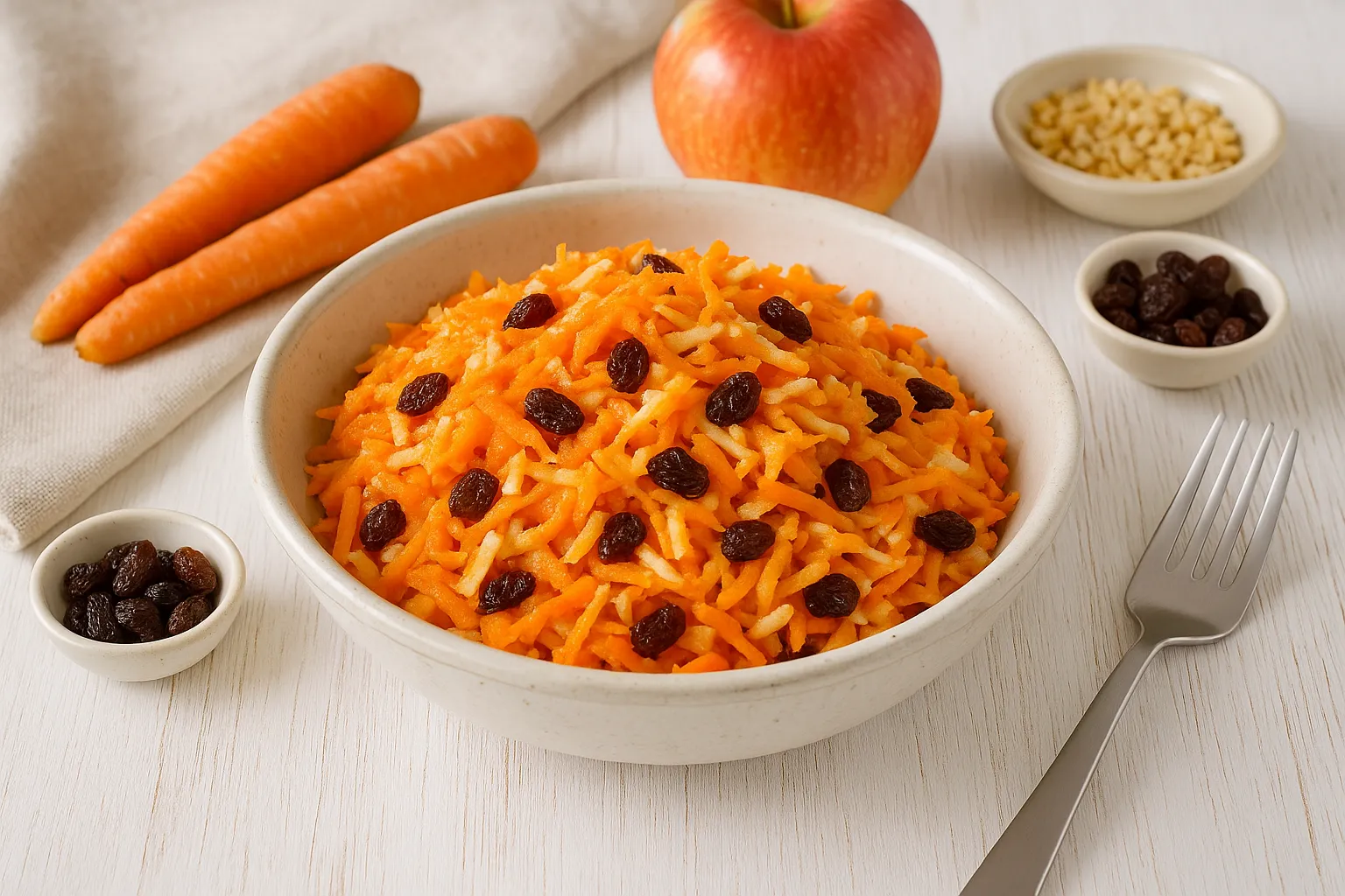 Rustikale weiße Schüssel mit süßer Möhrenfrischkost aus geraspelten Möhren, Äpfeln, Nüssen und Sultaninen auf weißem Holzhintergrund