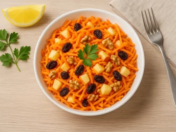 Süße Möhrenrohkost mit Möhren, Äpfeln, Rosinen und Nüssen in einer weißen Schüssel serviert