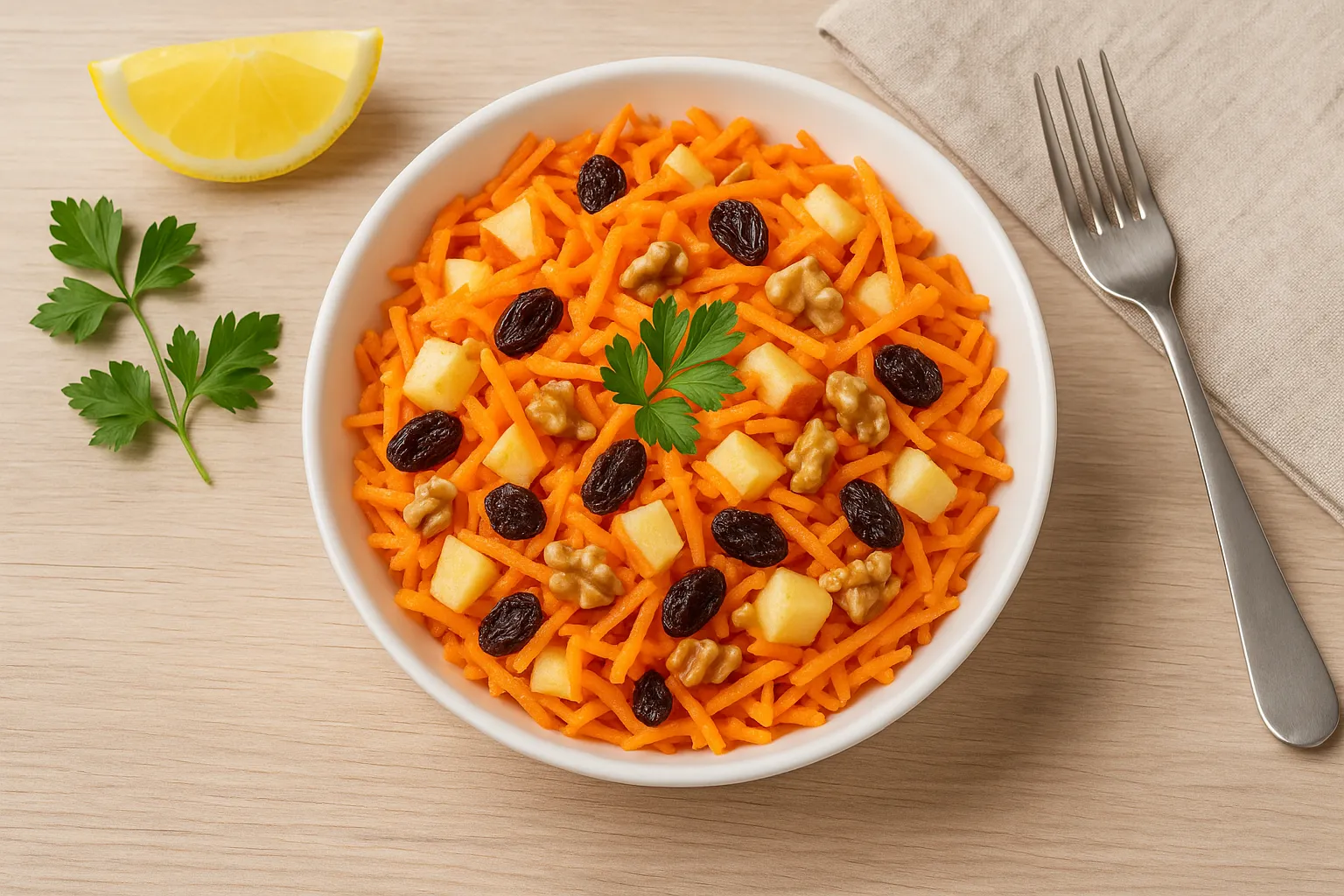 Süße Möhrenrohkost mit Möhren, Äpfeln, Rosinen und Nüssen in einer weißen Schüssel serviert