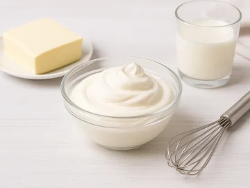 Süße Sahne in Glas-Schüssel auf hellem Holztisch, daneben Schneebesen und frische Butter