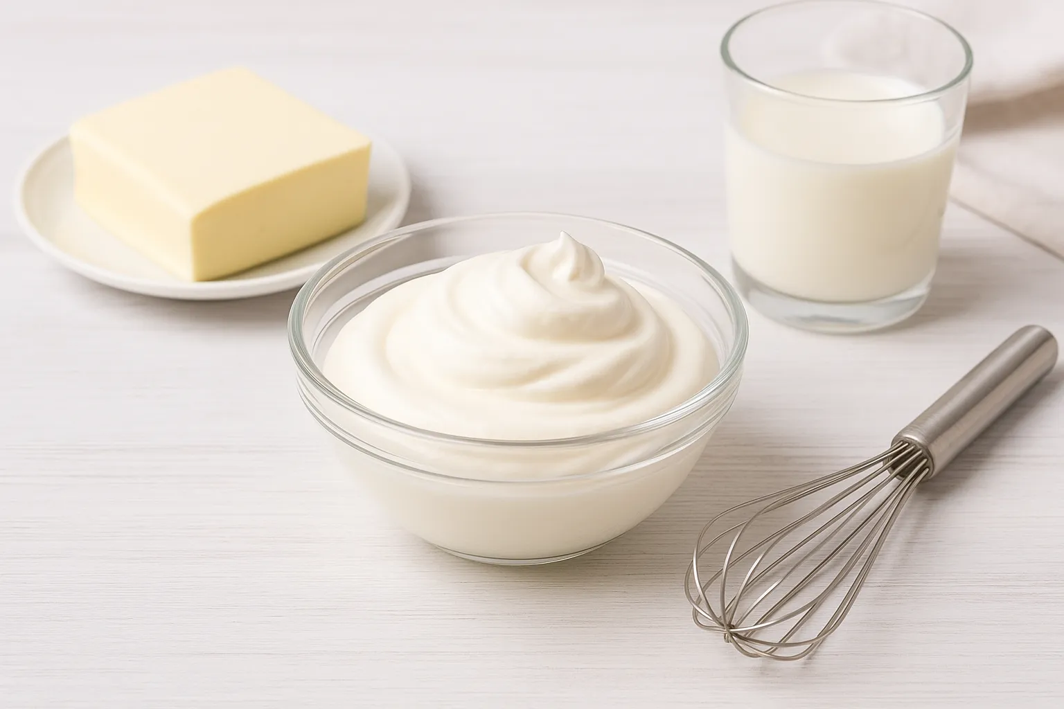 Süße Sahne in Glas-Schüssel auf hellem Holztisch, daneben Schneebesen und frische Butter