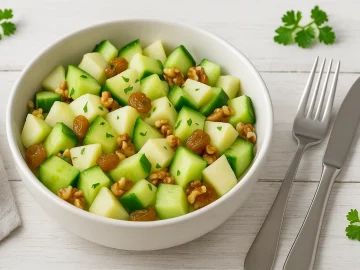 Süßer Gurkensalat mit Birne, Sultaninen und Nüssen in einer Schüssel auf hellem Holztisch