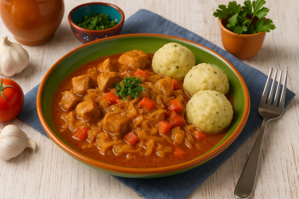  Szekely Gulyas serviert auf orange-grünem Teller mit Knödeln, dazu frische Kräuter, rustikales DDR-Geschirr, heller Holzhintergrund.