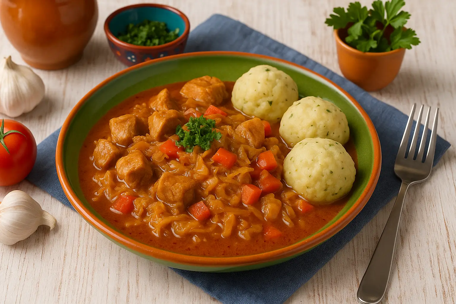 Szekely Gulyas serviert auf orange-grünem Teller mit Knödeln, dazu frische Kräuter, rustikales DDR-Geschirr, heller Holzhintergrund.