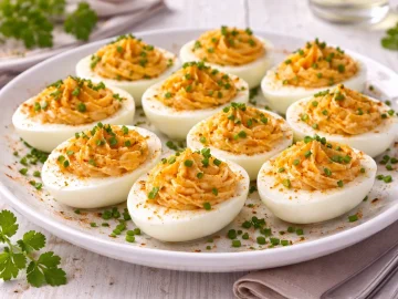 Gefüllte Eihälften mit würziger Eigelbcreme und Schnittlauch auf weißem Holzhintergrund mit sichtbarer Maserung