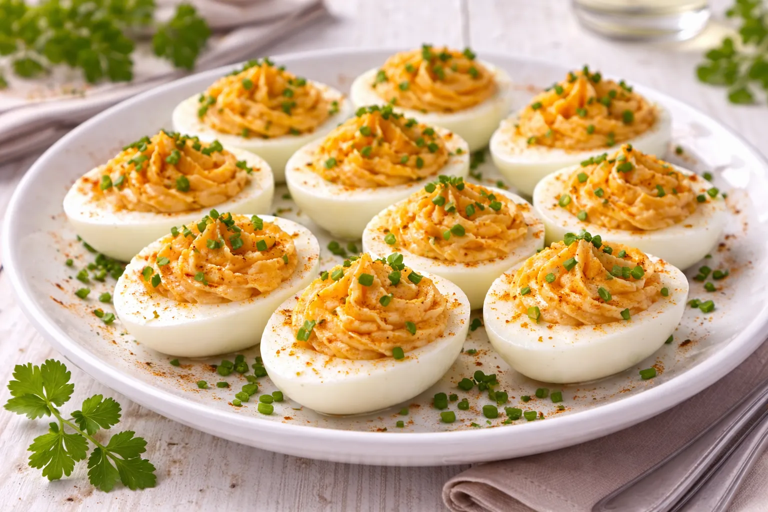 Gefüllte Eihälften mit würziger Eigelbcreme und Schnittlauch auf weißem Holzhintergrund mit sichtbarer Maserung