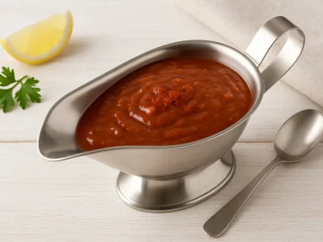 Teufelssoße mit Johannisbeergelee und Senf in Edelstahlsauciere auf Holztisch