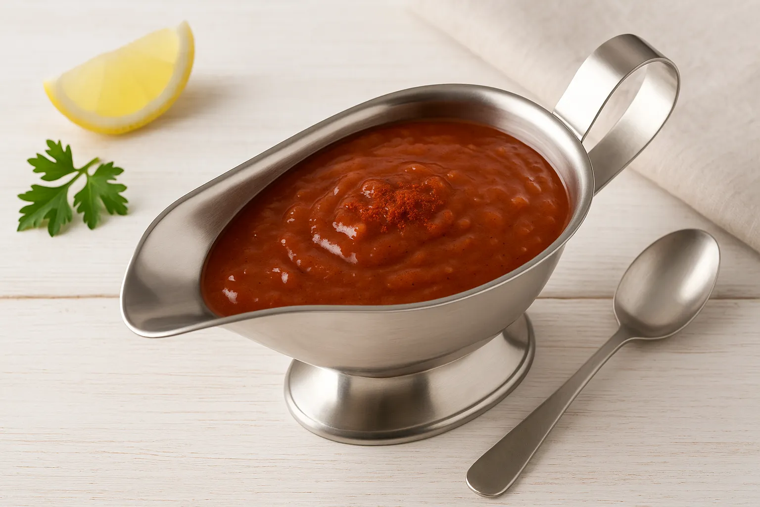 Teufelssoße mit Johannisbeergelee und Senf in Edelstahlsauciere auf Holztisch