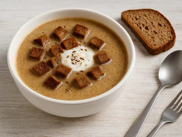 Thüringer Biersuppe in rustikaler Suppenschüssel, serviert mit Brotwürfeln und Sahne, auf hellem Holzhintergrund mit Besteck.