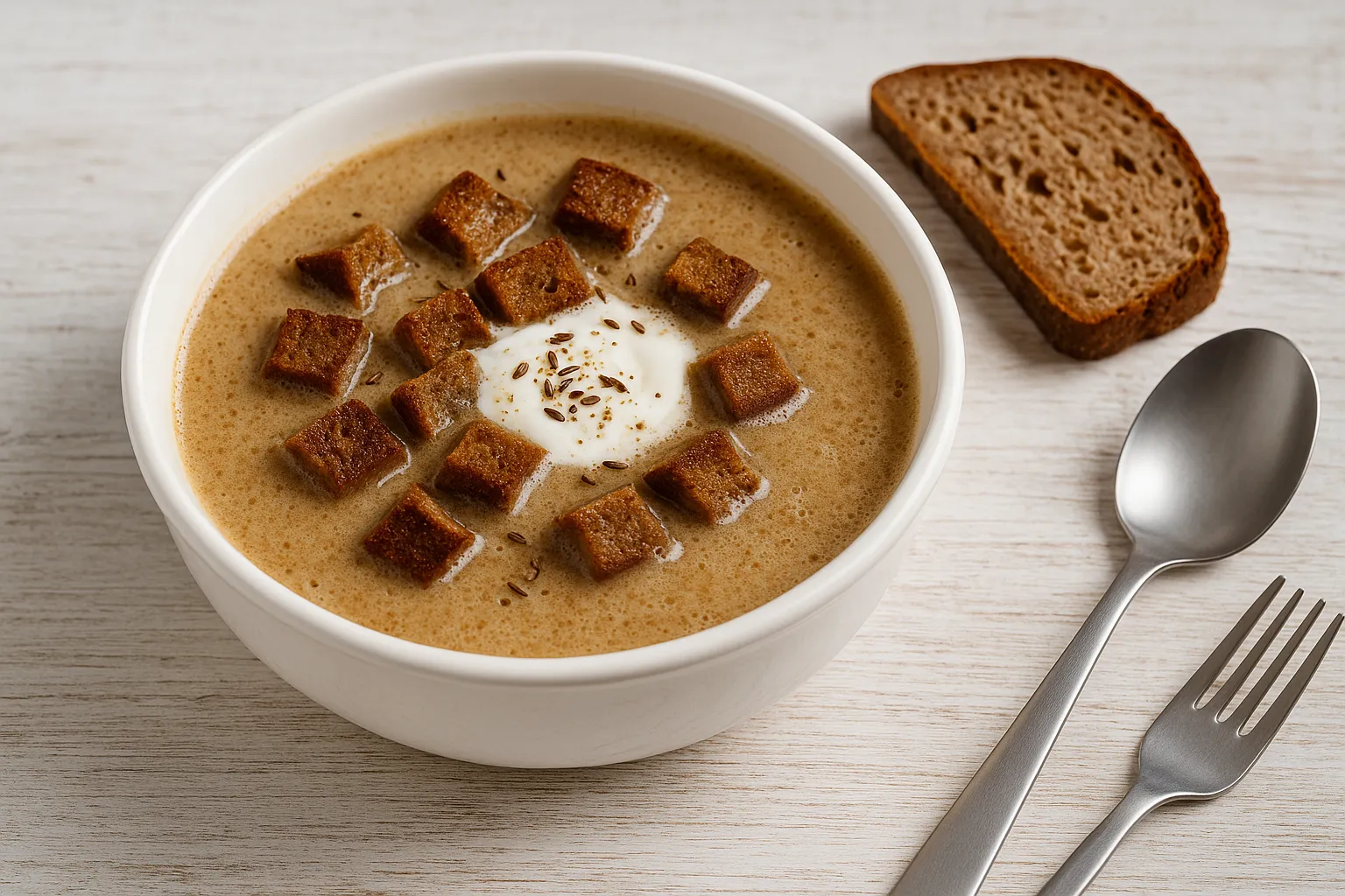 Thüringer Biersuppe in rustikaler Suppenschüssel, serviert mit Brotwürfeln und Sahne, auf hellem Holzhintergrund mit Besteck.