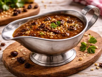 Rosinensoße in einer Edelstahlsauciere auf rustikalem Holztisch angerichtet