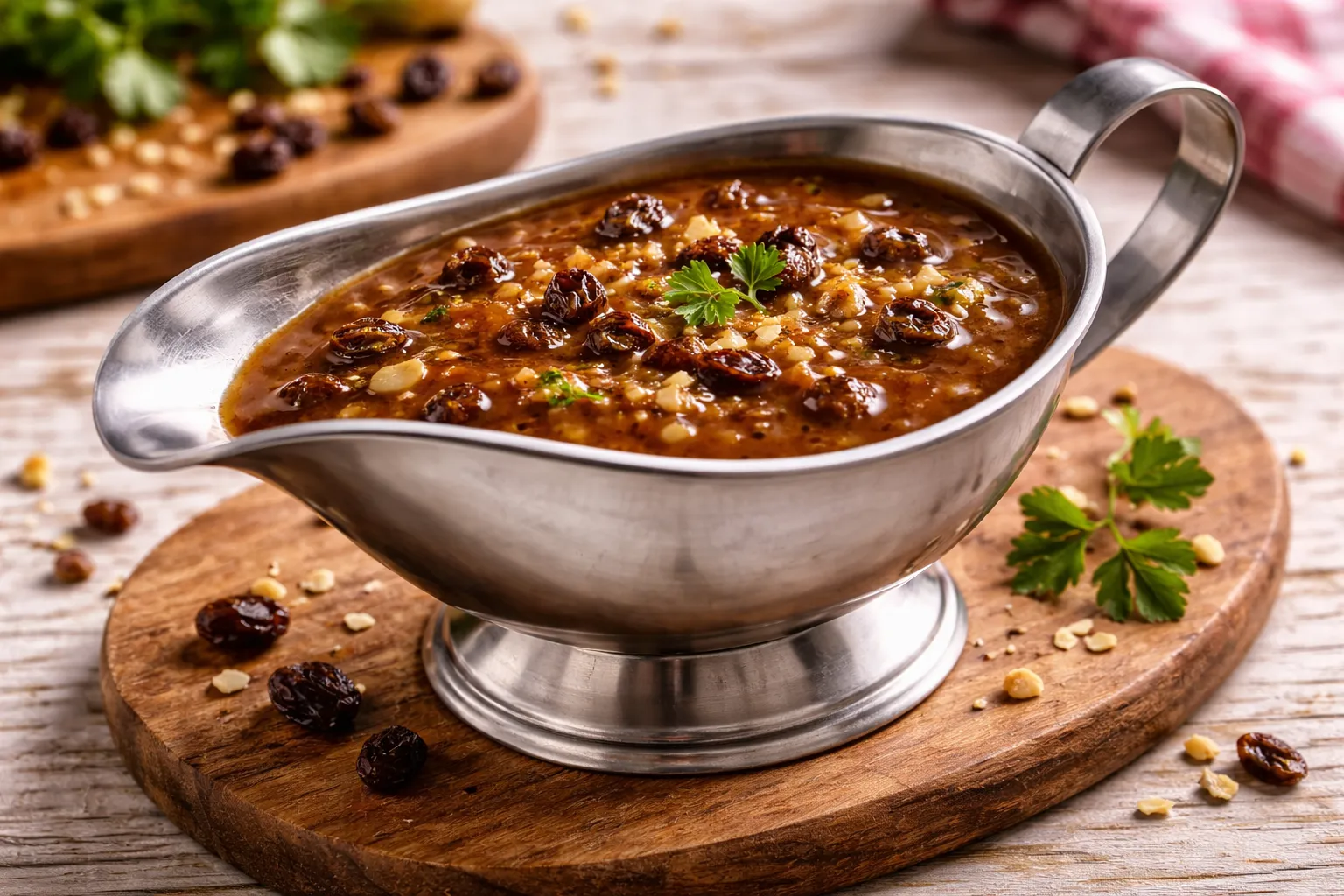 Rosinensoße in einer Edelstahlsauciere auf rustikalem Holztisch angerichtet