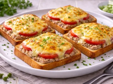 Überbackener Thunfisch-Toast mit Tomatenscheiben und goldbraunem Käse auf weißem Teller